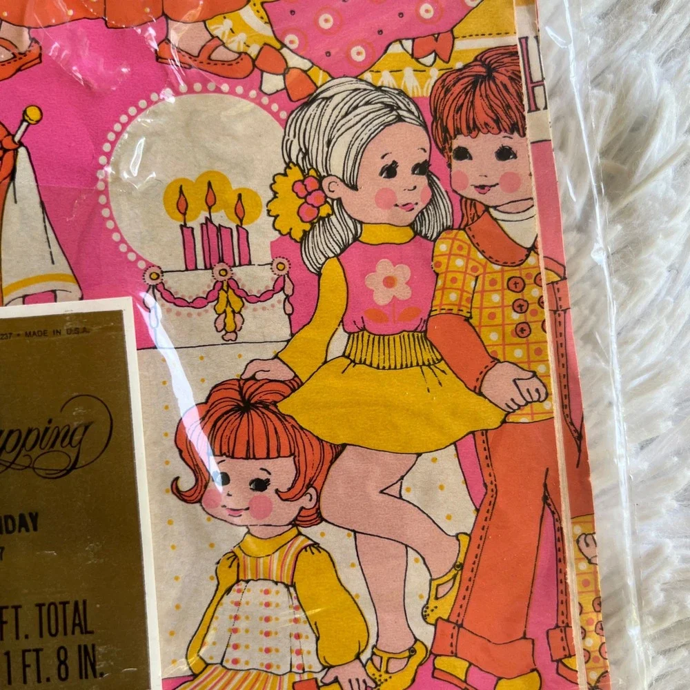 Vintage 70s Gibson Wrapping Paper Pink Girl Birthday New in Package Retro Crafts